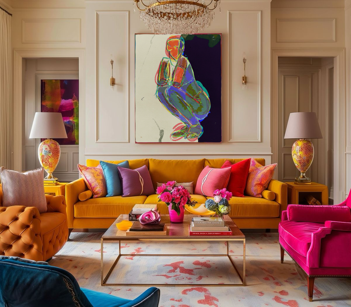 Artist David Head Creative abstract painting in a colorful interior designed living room